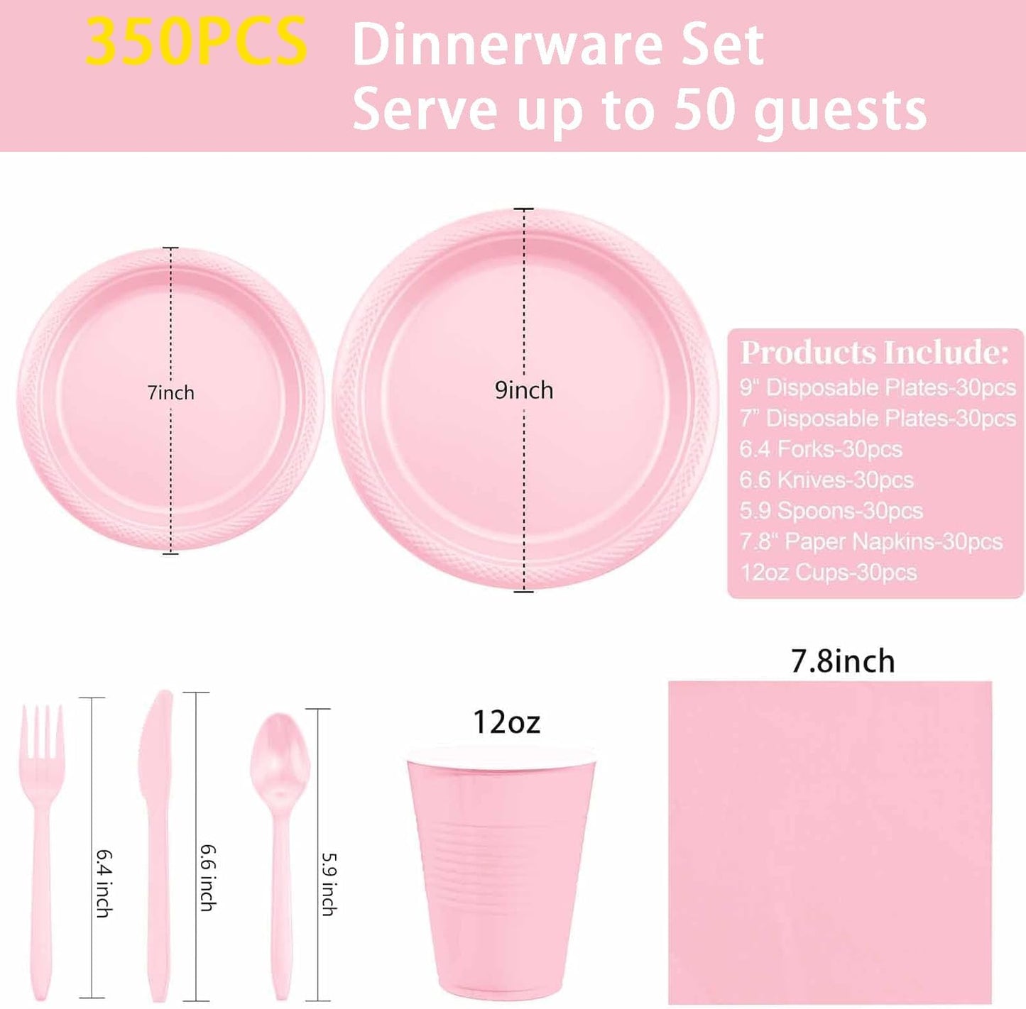 MirthMood 350pcs Pink Party Supplies Set, Disposable Plates Including Pink Plastic Plates, 12OZ Cups, Plastic Cutlery and Paper Napkins Serve 50 Guests for Wedding & Birthday & Party