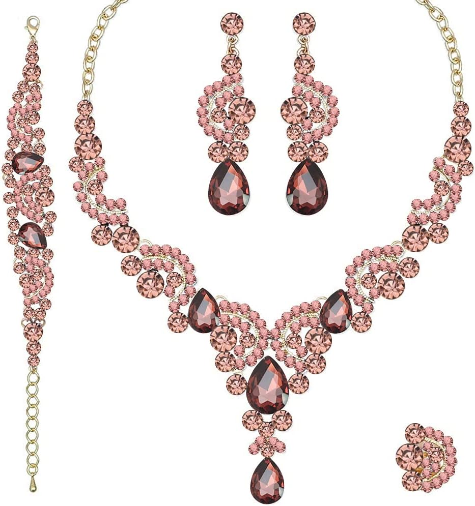 CSY Elegant Crystal Necklace Earrings Bracelet Ring Bridal Wedding Party Costume Jewelry Sets for Brides Women