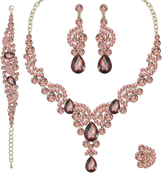 CSY Elegant Crystal Necklace Earrings Bracelet Ring Bridal Wedding Party Costume Jewelry Sets for Brides Women