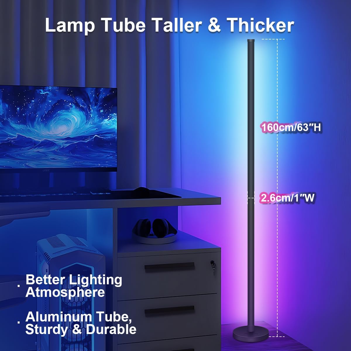 LED Floor Lamp, 63-Inch RGB Corner Light with Music Sync, Smart App Control, 16 Million Colors, Remote Control for Living Room, Bedroom, Gaming Room (1 Pack)