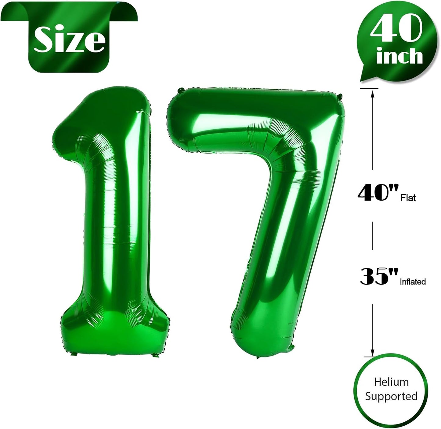 Green Number 17 Balloon 40 inch, 17 Number Balloons, 17th Green Birthday Decorations, 17 Year Old Girls Boys Party Supplies, St. Patrick's Day Games Theme Birthday Decorations
