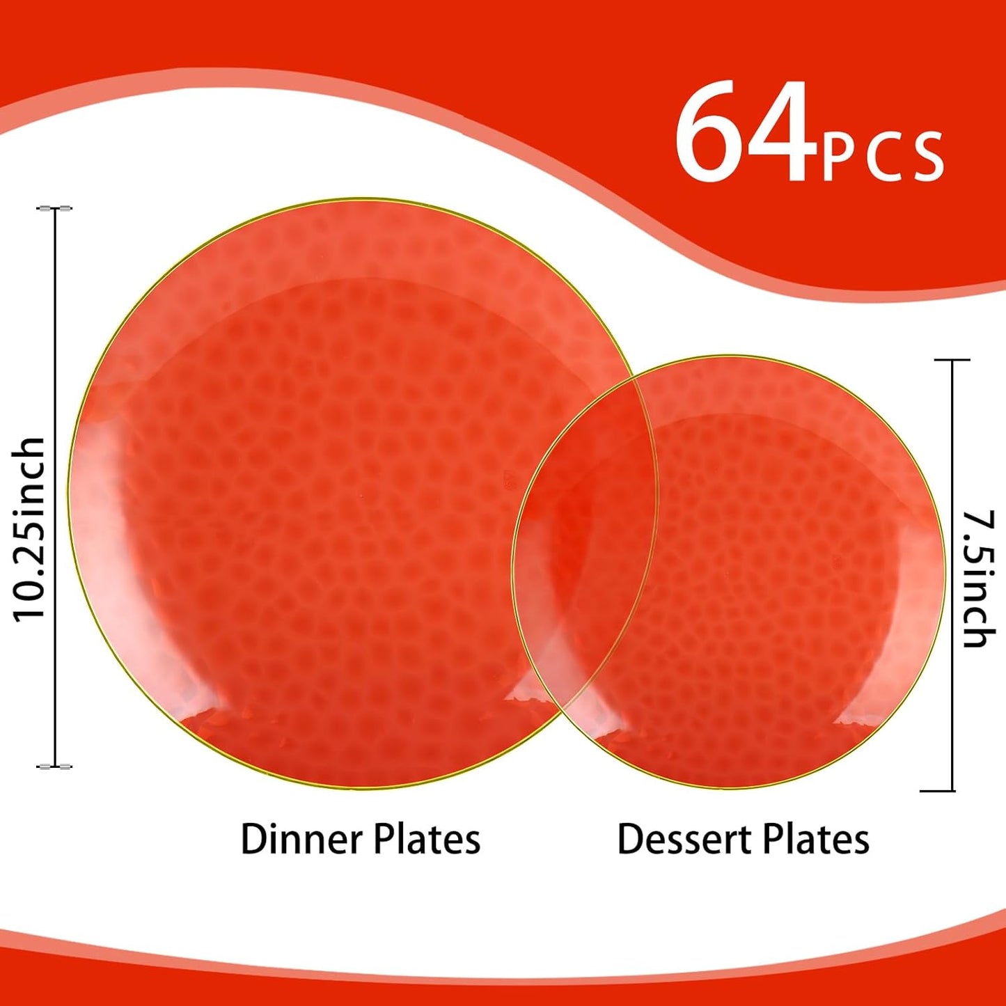 64 Pcs Red Plasitc Plates, 32 Guests Clear Red Disposable Plates with Gold Rim, Hammered Plastic plates Include 32 Dinner Platos and 32 Dessert Platos for Party Wedding Birthday Christmas