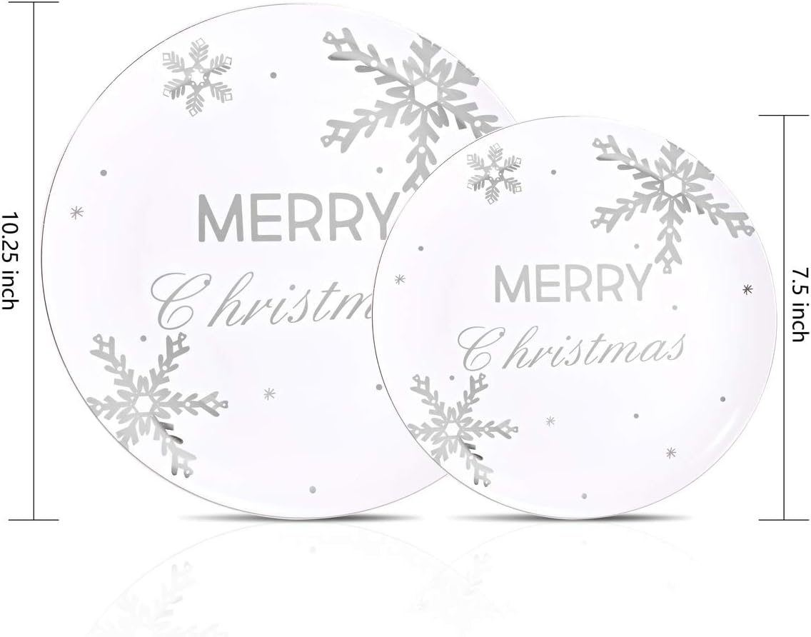 WDF 50Pieces Christmas Silver Plastic Plates- Snowflake Plastic Plates-Heavyweight White and Silver Disposable Plates for Christmas