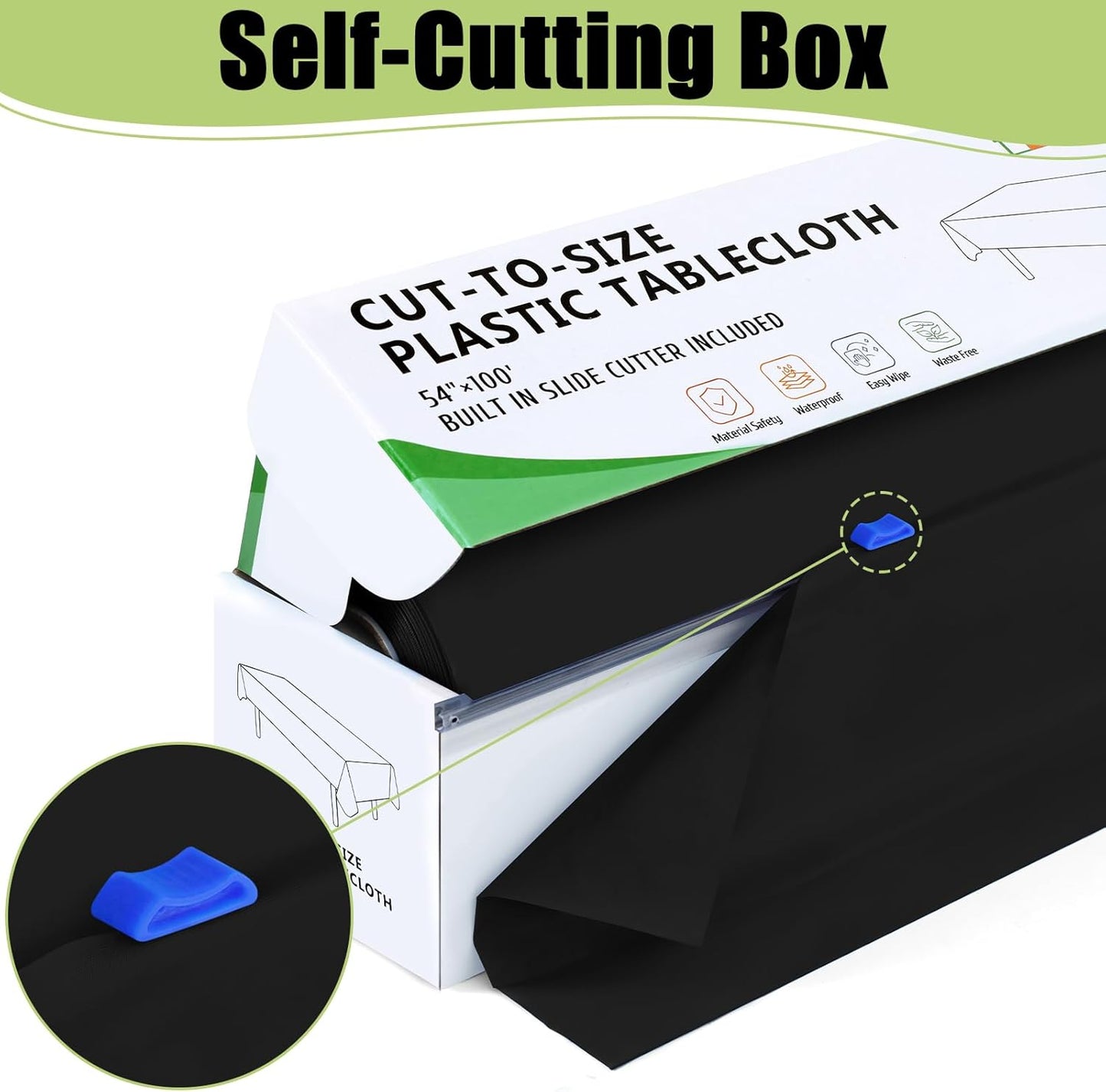 Smiry 54 Inch x 300 Feet Disposable Table Cover Roll, Black Plastic Table Cloth in Cut-to-Size Box with Slide Cutter, Waterproof Rectangle Tablecloths for Weddings, Banquets, Outdoor
