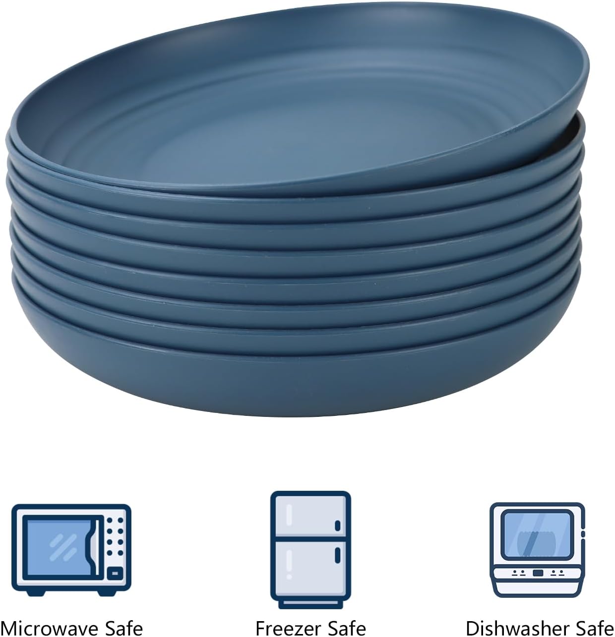 Homienly Deep Dinner Plates Set of 8-9 inch Alternative for Plastic Plates Microwave and Dishwasher Safe Wheat Straw Plates for Kitchen Unbreakable Plate Set (Blue)
