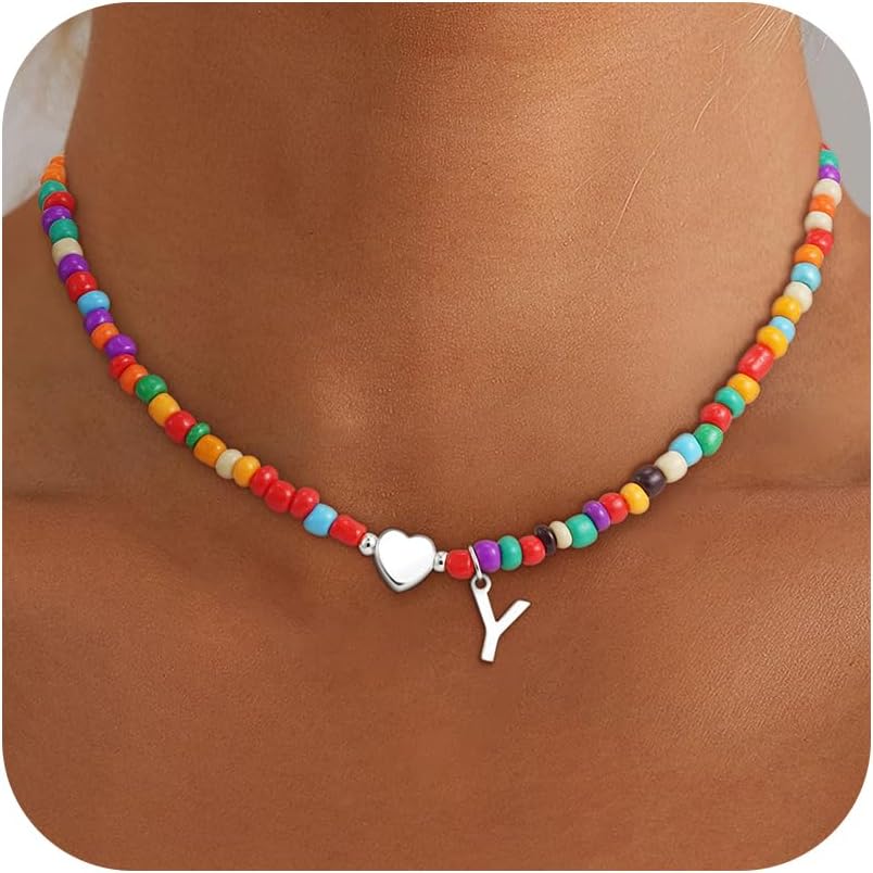 Christmas Gifts for Grandkids Teens Girls - Colorful Beaded Initial Necklace Teen Girl Gifts Trendy Stuff Dainty Letter Choker Necklace Stocking Stuffers for Teen Girls Women Jewelry