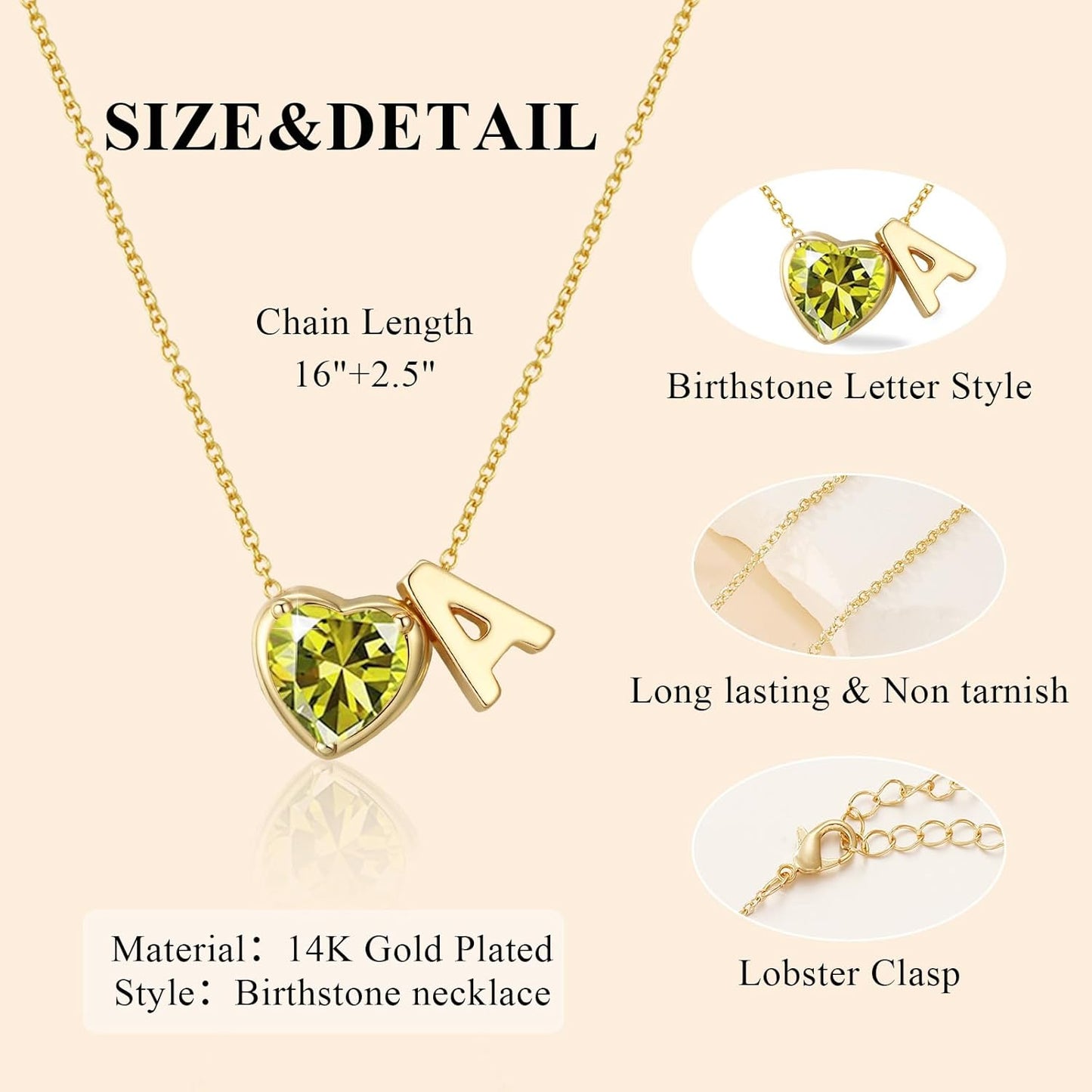 Heart Birthstone Initial Necklace for Women Girls,14K Gold Plated Heart Letter A-Z Necklace Dainty Birthday Trendy Jewelry Gifts for Women Girls Daughter