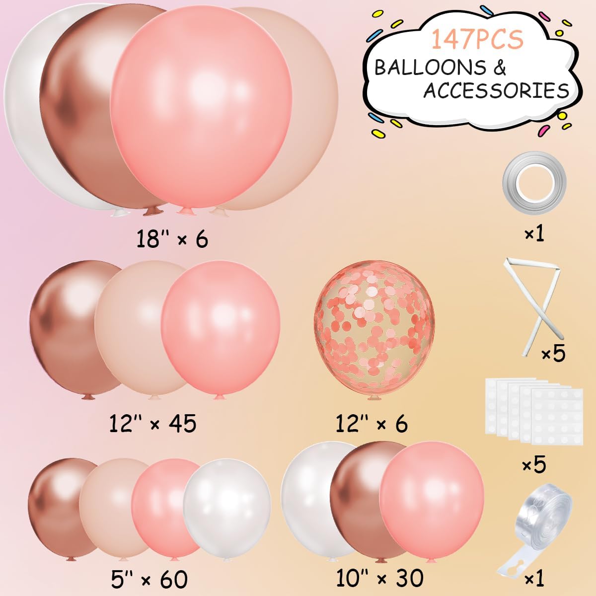 147PCS Rose Gold Balloon Garland Arch Kit, Pearl Rose Gold Metallic White Nude Balloons with Confetti for Wedding Bridal Shower Princess Party Girl Birthday Baby Shower Decorations