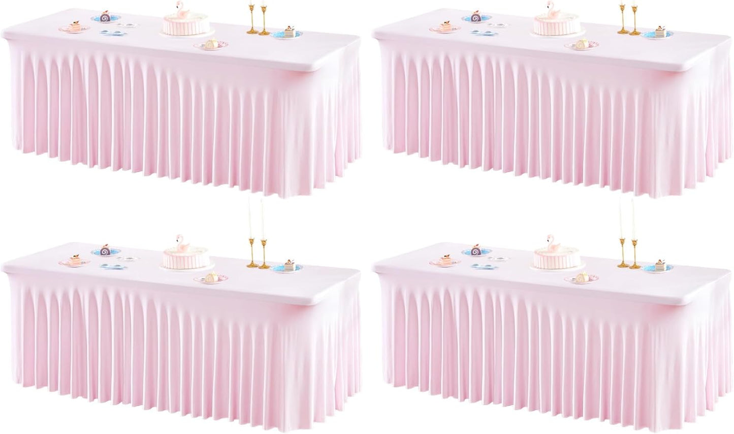 4 Packs Pink Table Clothes for 6 Foot Rectangle Tables, One-Piece Wrinkle Resistant Stretch Spandex Table Covers with Skirt for Event Banquet Wedding Birthday Party