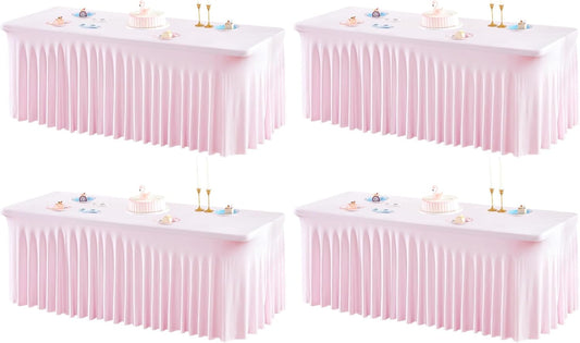 4 Packs Pink Table Clothes for 6 Foot Rectangle Tables, One-Piece Wrinkle Resistant Stretch Spandex Table Covers with Skirt for Event Banquet Wedding Birthday Party