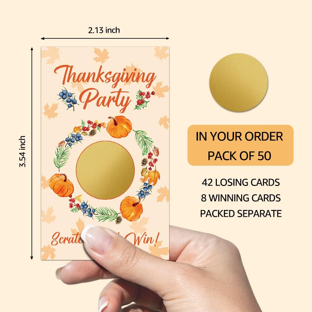 50 Pack Thanksgiving Party Patch Scratch Off Game, Funny Scratch Cards for Fall Games, Pumpkin Raffle Tickets for New Homeowner Birthday Games, Thank You Party Games
