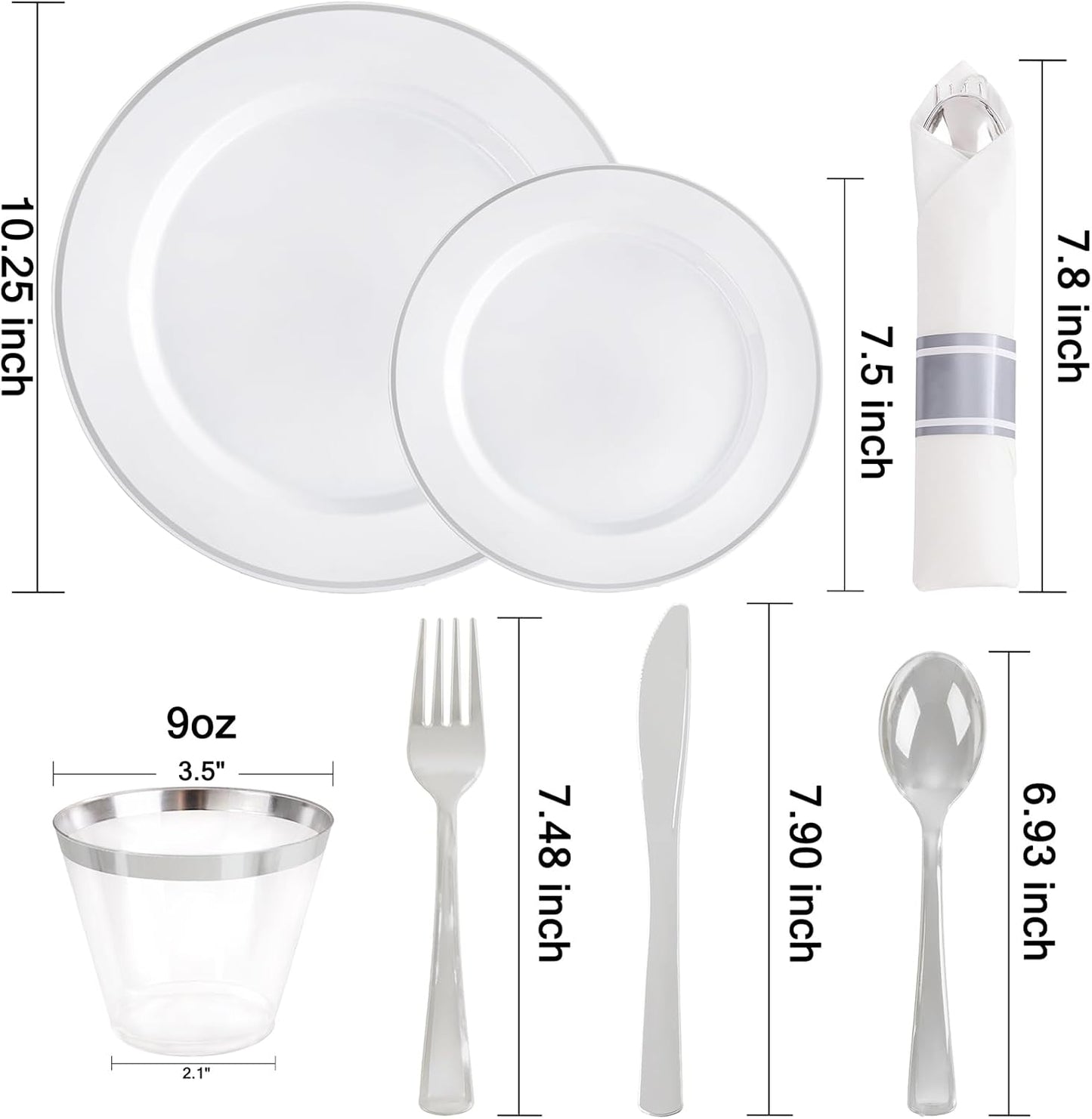 SUT 175 Pcs Silver Plastic Dinnerware Set for 25 Guests, Include: 25 Dinner Plates, 25 Dessert Plates, 25 Pre Rolled Napkins With Silver Silverware, 25 Cups, Disposable Plates for Wedding, Party