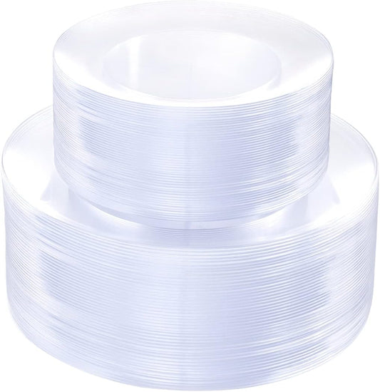 PULOTE 100Pieces Clear Plastic Plates - Premium Heavyweight Plastic Clear Plates Disposable for Wedding&Party Include 50 Clear Dinner Plates, 50 Clear Dessert/Salad Plates