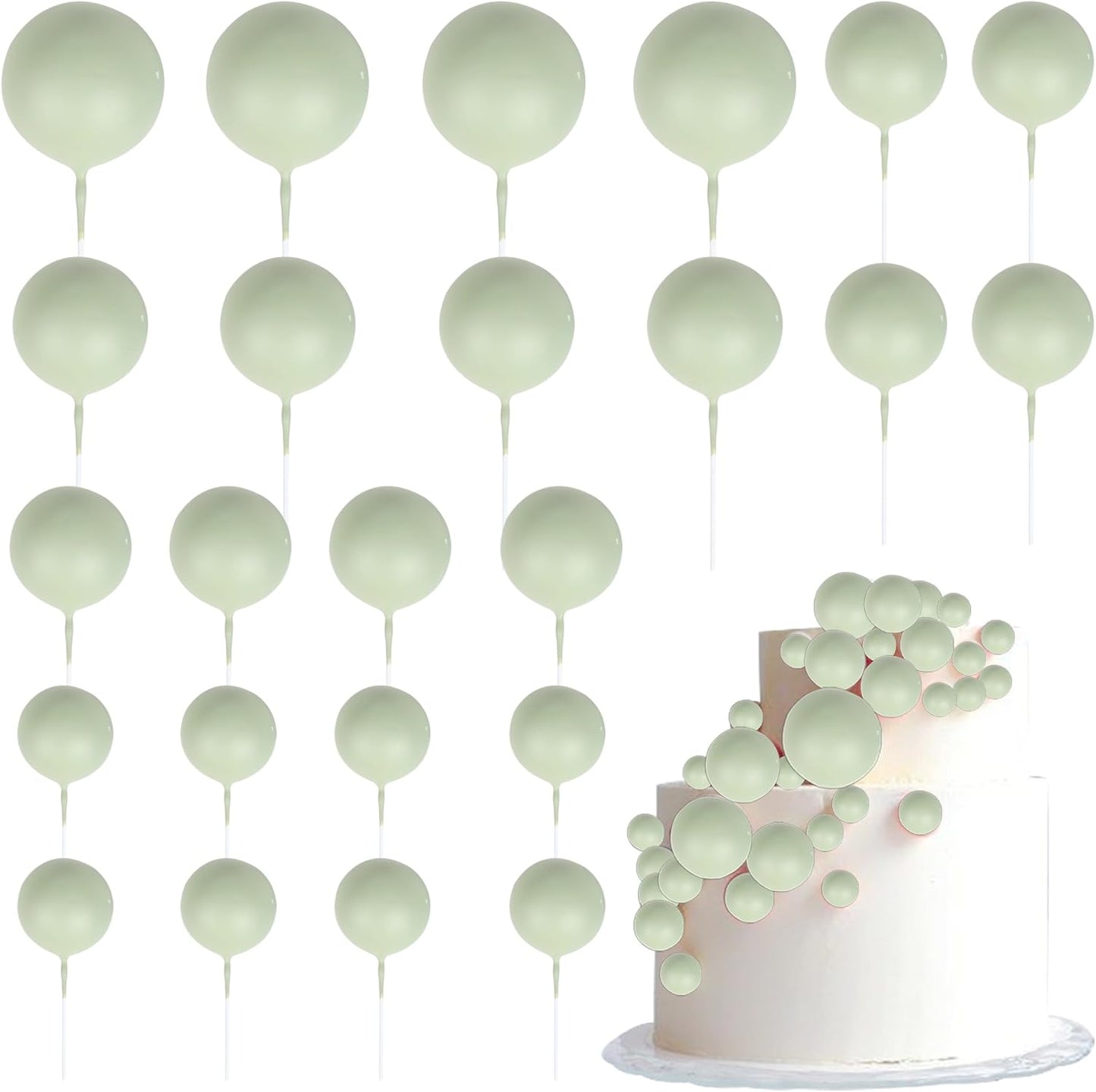 24 PCS Ball Cake Toppers Balls Cupcake Toppers Insert Foam Ball Shaped Cake Picks Mini Balloon Cake Decoration for Wedding Baby Shower Birthday Party Cake Decorations Supplies Matcha Green