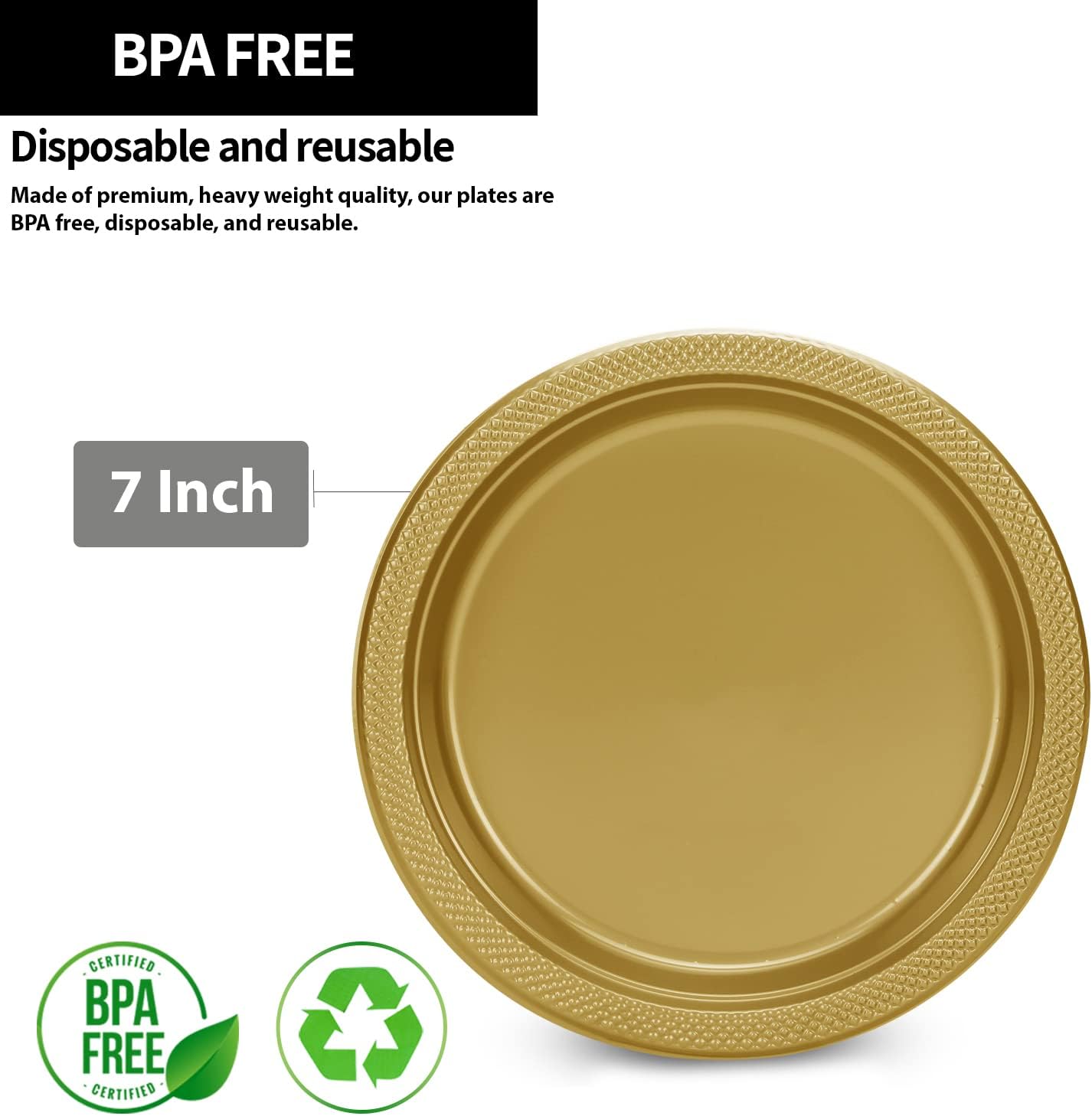 KingZak Gold Solid Color Premium Heavy Weight Plastic Appetizer Plate (7") 50 Count - Elegant & Durable, Perfect for Parties & Events