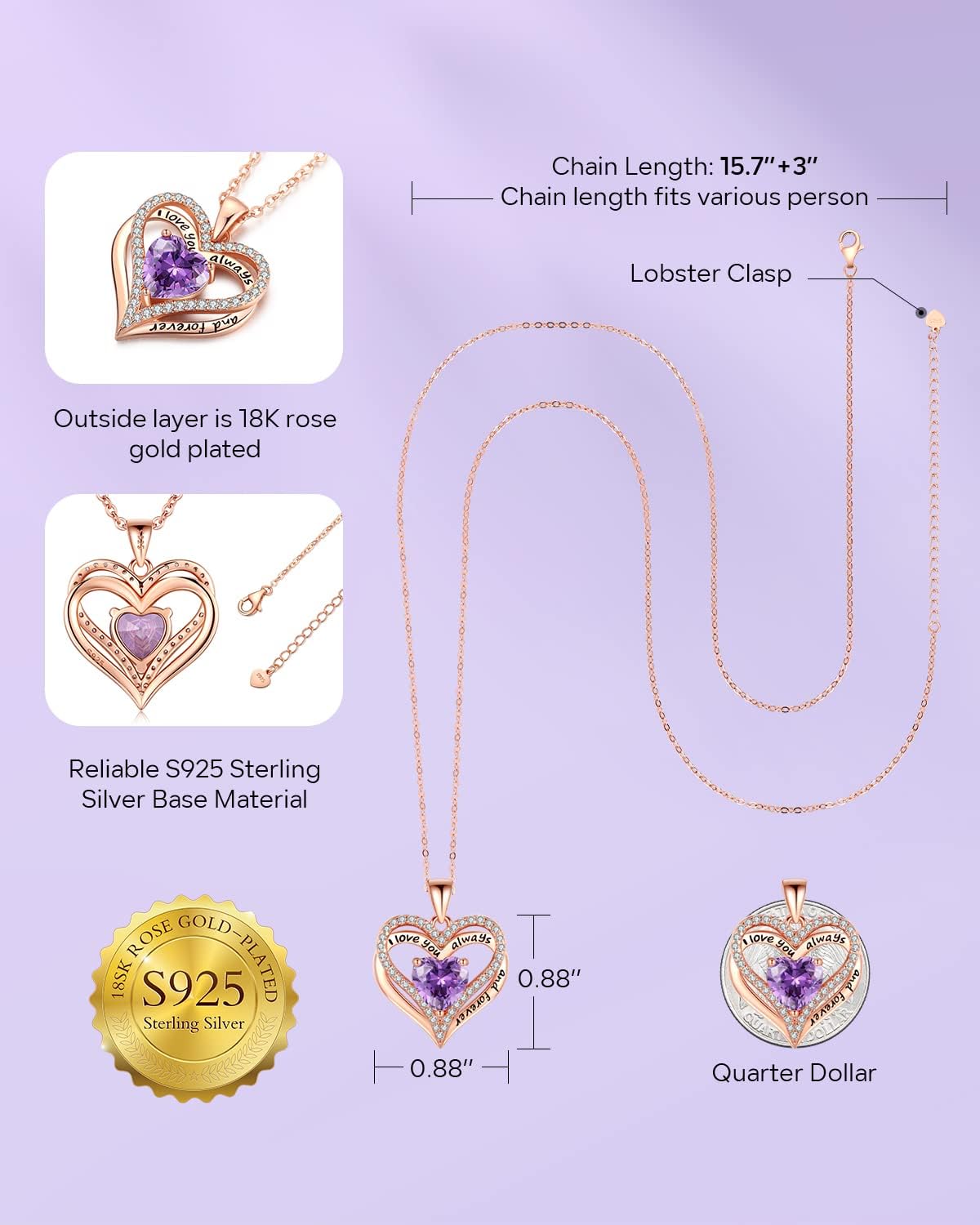 S925 Sterling Silver Necklace for Women, Wife Jewelry Rose Gold, Mom Birthday Valentines Mothers Day Gifts, Girlfriend Necklaces, Daughter Heart Jewel, Anniversary for Her