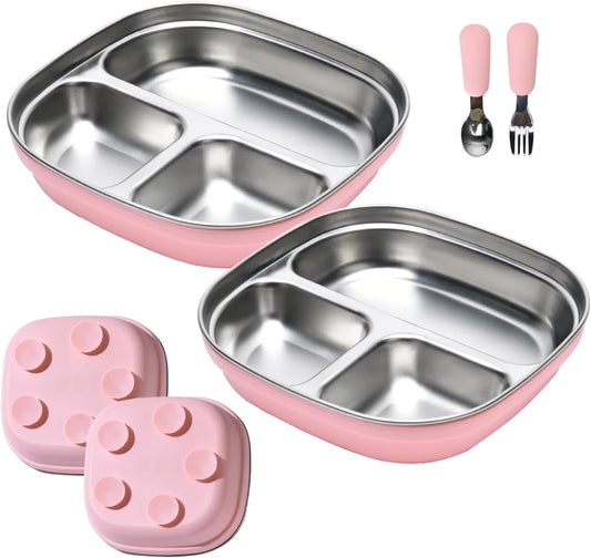 2 Pack Stainless Steel Kids Plates with Suction | 7.68" Spill-Proof High-Rim | 2 Spoons & Removable Sleeves | Microwave/Dishwasher Safe | BPA-Free, Non-Slip, Unbreakable Toddler Plates (Pink)