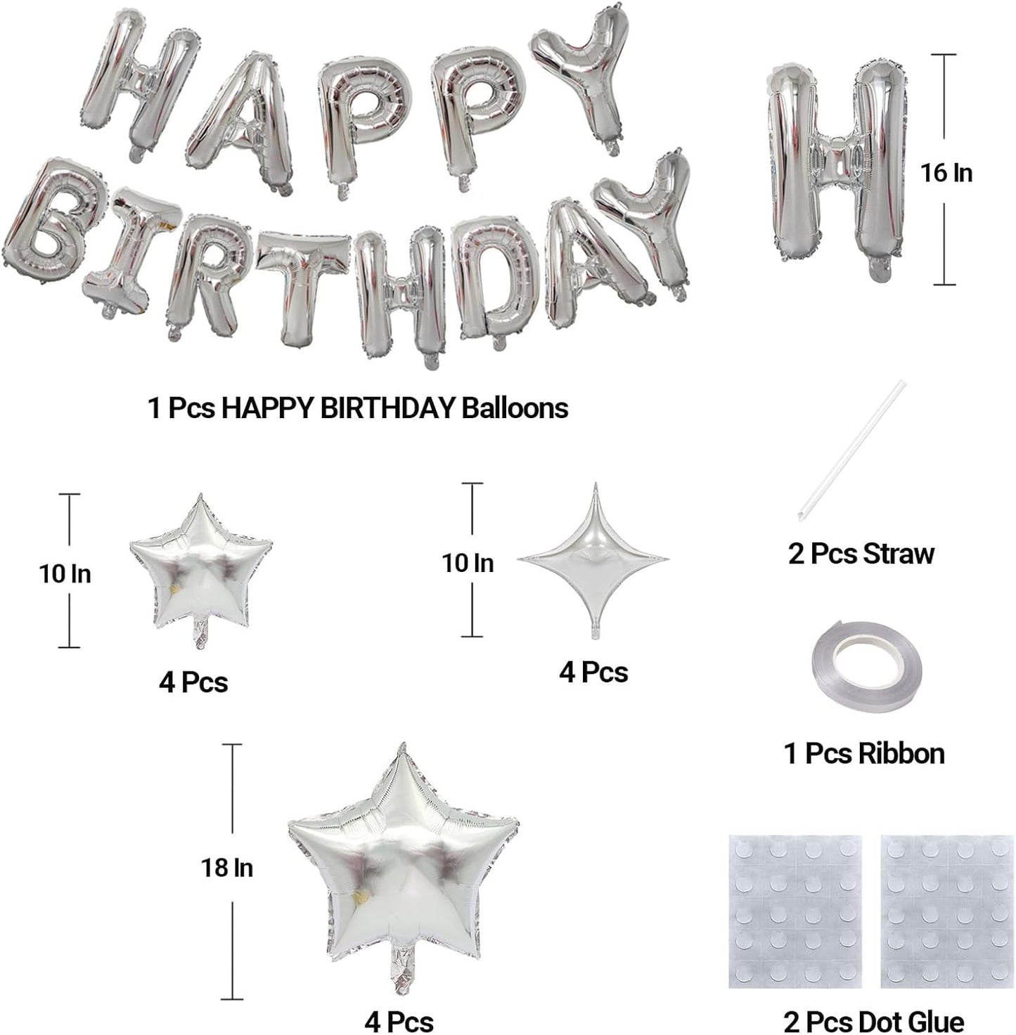 KALOR Silver Happy Birthday Balloons Kit with16 Inch Mylar Foil Letters Balloon and Star Balloons for Women, Men, Boys & Girls Kids Birthday Decorations Photo Backdrop