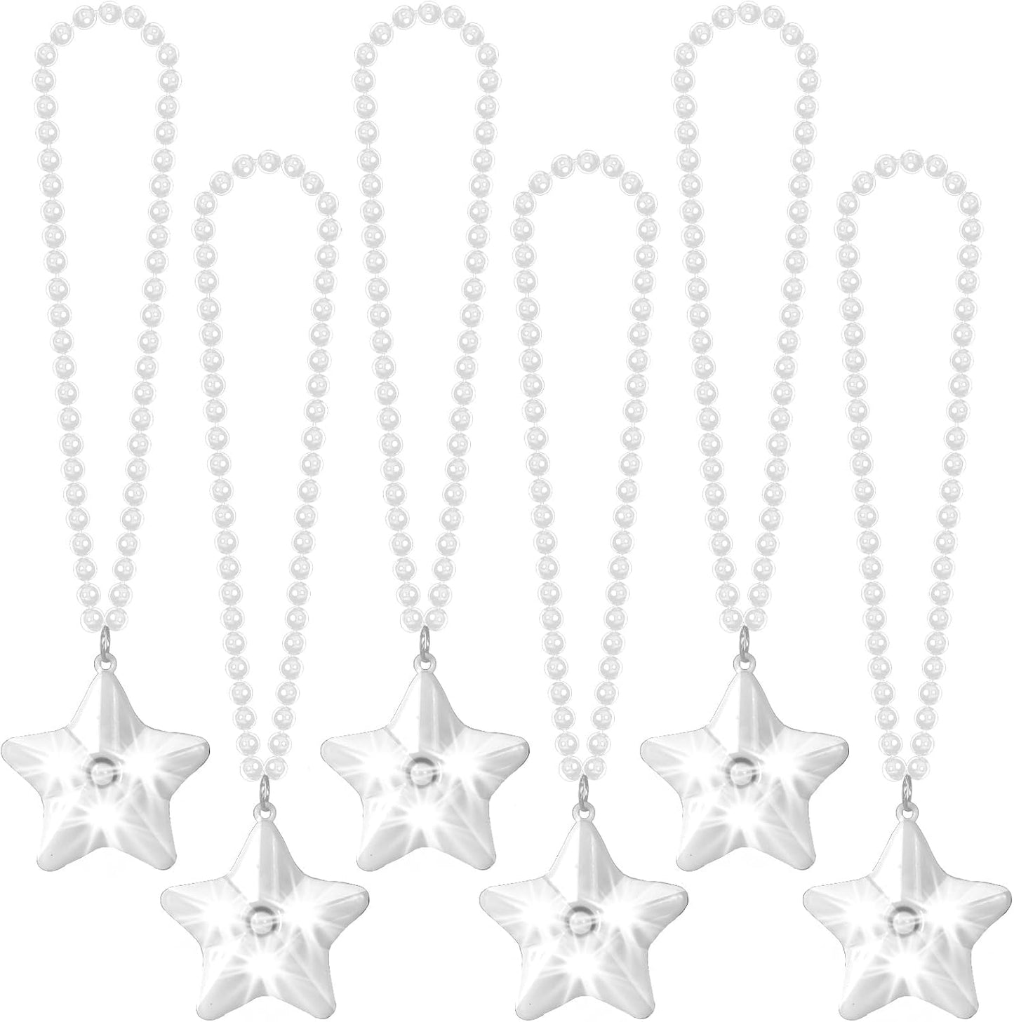 6 Pack Glow White Necklace Beaded Necklaces with Light Up Star for Halloween Christmas Decorations Mardi Gras Party Favors