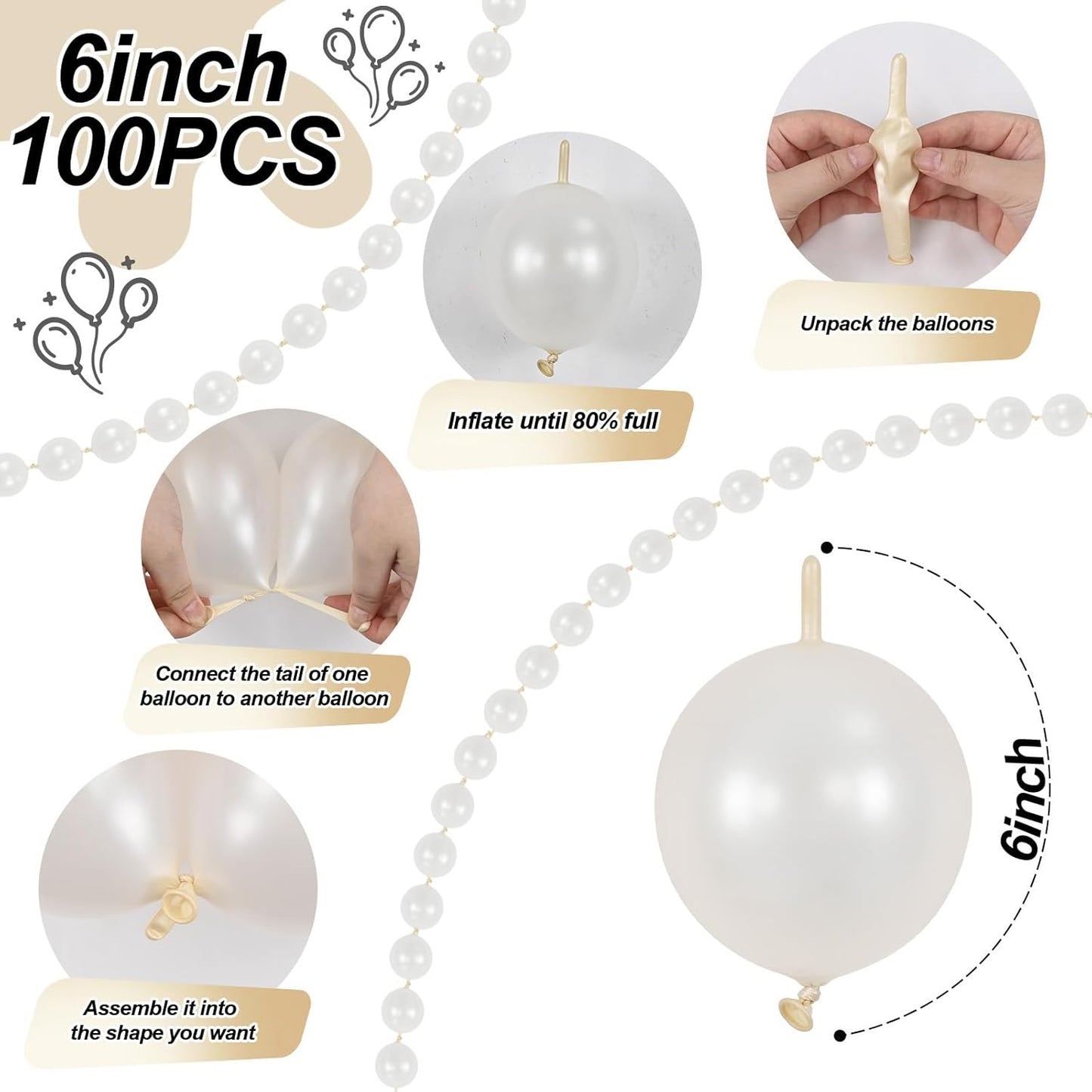 Pearl White Linking Balloons, 100PCS 6 Inch Pearl Color Quick Link Balloons for Making Balloon Wall Heart Arch, Tails Balloon for Wedding Birthday Baby Shower Engagement Graduation Party Decorations