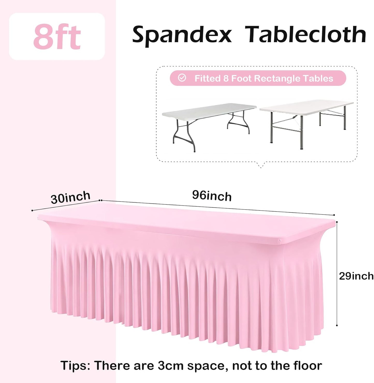 2 pk Baby Pink Spandex Tablecloth 8ft With Ruffled Table Skirt, Wrinkle Free Stretchy Fitted Tablecloths for 8 Foot Rectangle Tables, Elastic Spandex Table Covers for Weddings Parties Banquet