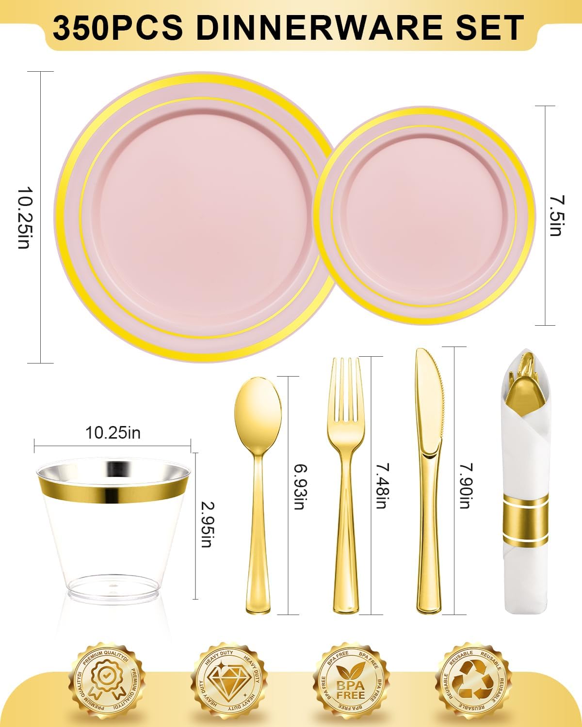 350PCS Pink Plastic Dinnerware Set, Disposable Party Plates for 50 Guests, Include: 100 Pink and Gold Plastic Plates, 50 Pre Rolled Napkins with Gold Silverware, 50 Cups for Wedding, Christmas