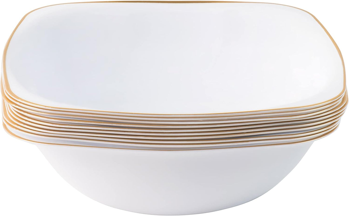 PLASTICPRO White Plastic Organic Party Square Soup bowls White With Gold Rim Elegant Disposable Tableware Dishes 16 OZ 32 Count