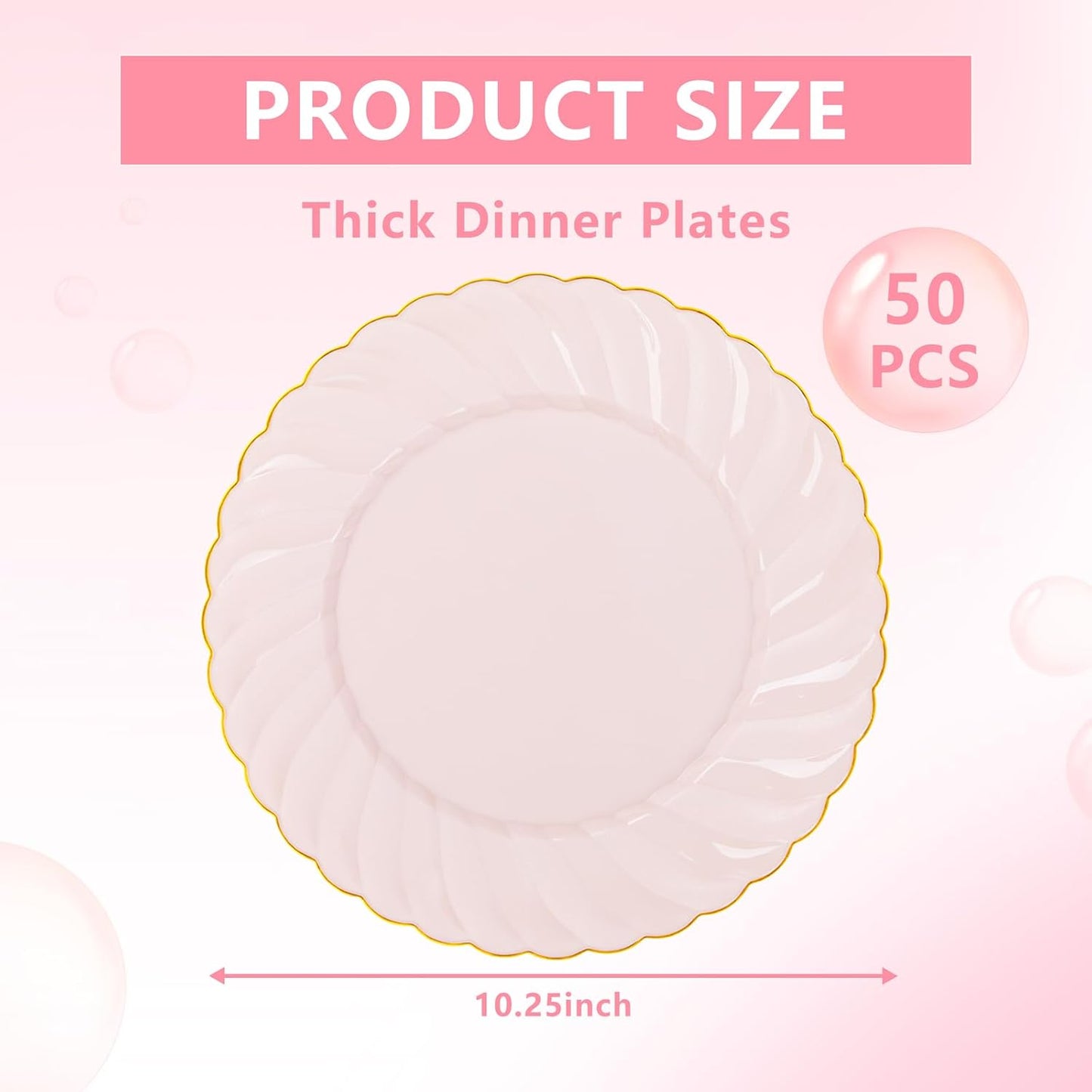 YOUBET 50 Pack Pink Scalloped Plastic Plates - 10.25 Inch Pink Disposable Plates - High End Elegant Vintage Dinner Plate for Party & Weeding & Birthday