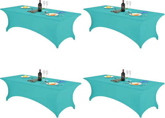 FORLIFE 4Pack Spandex Table Covers，Fitted Tablecloth for Rectangular Tables, Stretch Patio Table Covers, Universal Spandex Table Cover for Wedding, Banquet, Party (8ft, Turquoise)