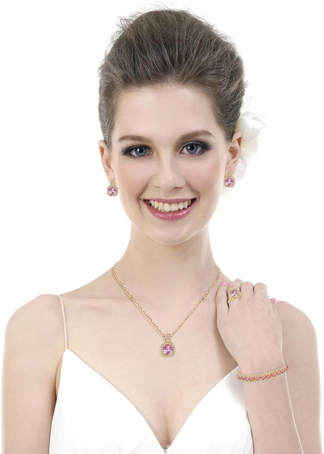 4pcs Cubic Zirconia Wedding Jewelry Sets for Bride Bridesmaid Cubic Zirconia Pendant Necklace Earrings Link Tennis Bracelet Open Ring Set for Women