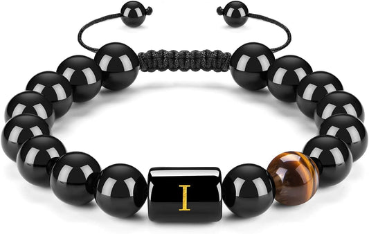 FRG Initials Bracelets for Men Letter Link Handmade Natural Black Onyx Tiger Eye Stone Beads Braided Rope Meaningful Bracelet