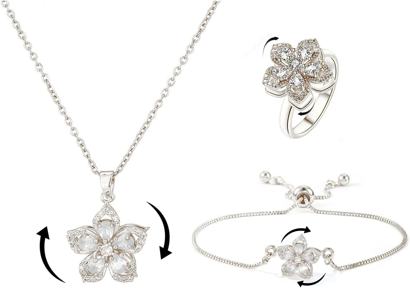 Necklace for Women Gold Flower Fidget Necklace Rotatable Crystal Silver Blossom Pendant Necklaces Adjustable Spinning Fidget Necklaces Redbud Flower Choker Funny Gift Jewelry