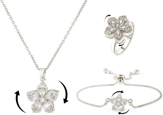 Necklace for Women Gold Flower Fidget Necklace Rotatable Crystal Silver Blossom Pendant Necklaces Adjustable Spinning Fidget Necklaces Redbud Flower Choker Funny Gift Jewelry