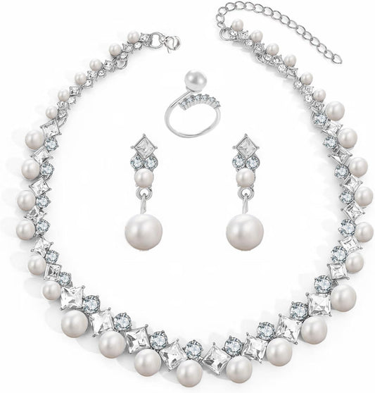 la luen Pearl Bride Wedding Jewelry Set Faux Pearls Crystal Rhinestone Necklace Earrings Bracelet Sets for Women Bridesmaid(3 PCS)