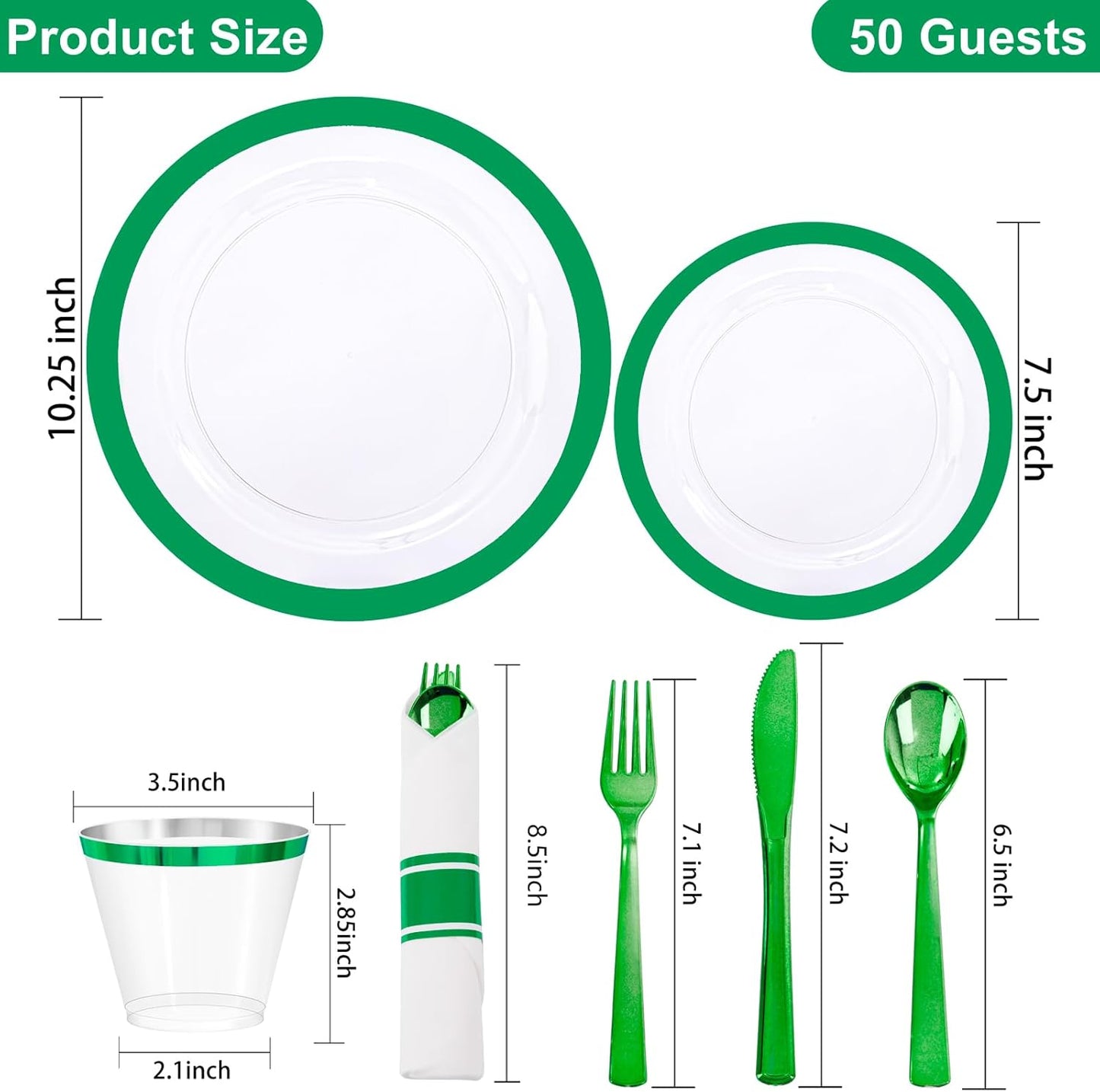 I00000 350 Pcs Green Plastic Plates-Clear Dinnerware Set for St. Patrick's Day Spring Decor,Include 100 Dinner and Dessert Plates,50 Plastic Cups 9 OZ,50 Per Rolled Napkins with Cutlery