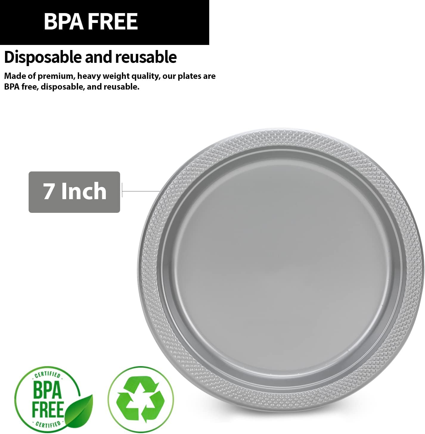 Hanna K. Signature Silver Plastic Plates 7 Inch - 600 count - Plastic Solid Round Party Plates For Weddings, BBQs, Birthday Plates - Disposable Silver Plates - Plastic Dessert Plates