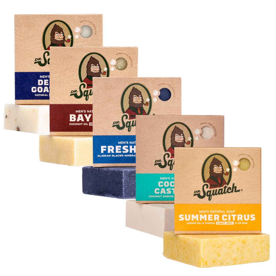 Dr. Squatch Natural Bar Soap for Men Variety Gift Set - Cold Process Soap No Harsh Chemicals - Rainforest Rapids, Coconut Castaway, Fresh Falls, Summer Citrus & Eucalyptus Greek Yogurt (5 oz, 5-Pack)