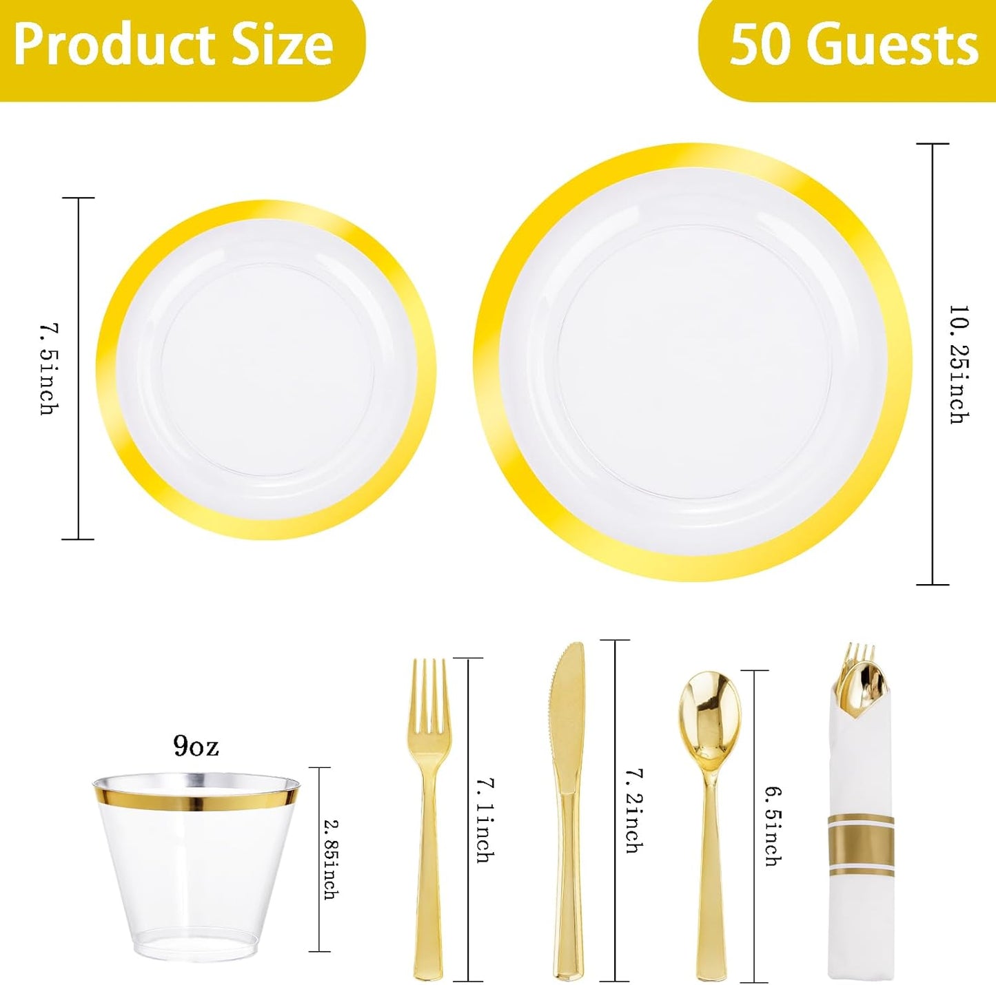 I00000 350 Pcs Clear and Gold Plastic Plates, Gold Disposable Plates, Include 50 Dinner Plates 10.25'', 50 Dessert Plates 7.5'', 50 Cups 9 OZ, 50 Pre Rolled Napkins with Cutlery
