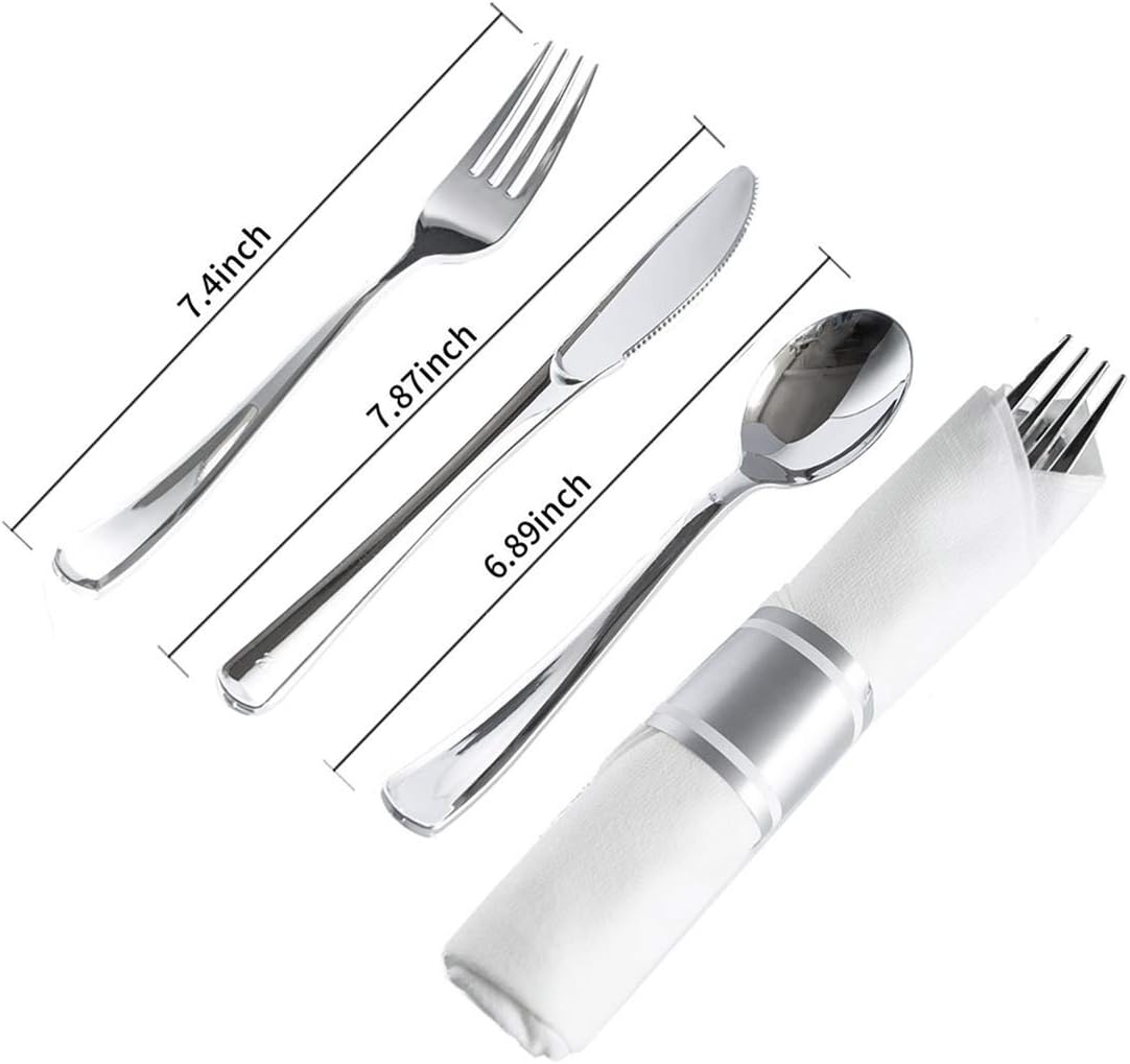 N9R 30 Pack Pre Rolled Silver Plastic Cutlery Set, Wrapped Plastic Silverware Set with 30 Forks, 30 Knives, 30 Spoons and 30 Napkins, Disposable Cutlery Set for Party and Wedding