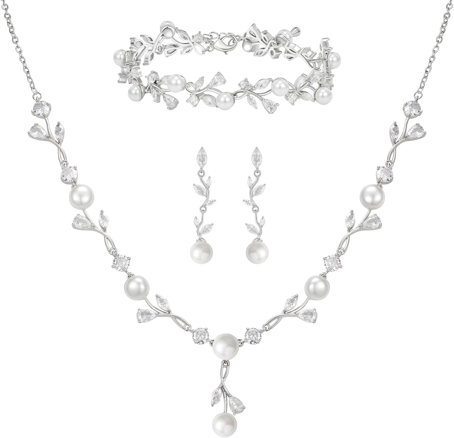 SWEETV Jewelry Set for Bride Women, Cubic Zirconia Pearl Bridal Earrings Necklace Bracelet Set, Bridal Jewelry Set for Wedding Prom