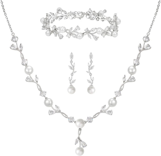 SWEETV Jewelry Set for Bride Women, Cubic Zirconia Pearl Bridal Earrings Necklace Bracelet Set, Bridal Jewelry Set for Wedding Prom