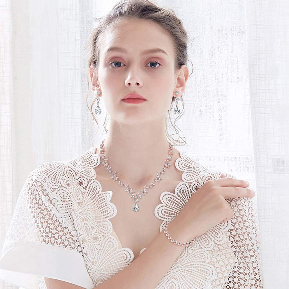 Hadskiss Jewelry Set for Women, Necklace Dangle Earrings Bracelet Set with White AAA Cubic Zirconia, Allergy Free Wedding Party Jewelry for Bridal Bridesmaid