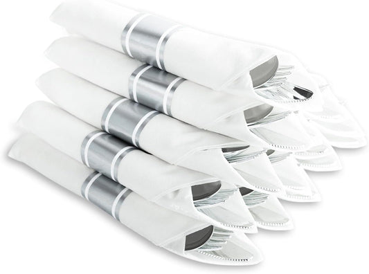 N9R 30 Pack Pre Rolled Silver Plastic Cutlery Set, Wrapped Plastic Silverware Set with 30 Forks, 30 Knives, 30 Spoons and 30 Napkins, Disposable Cutlery Set for Party and Wedding