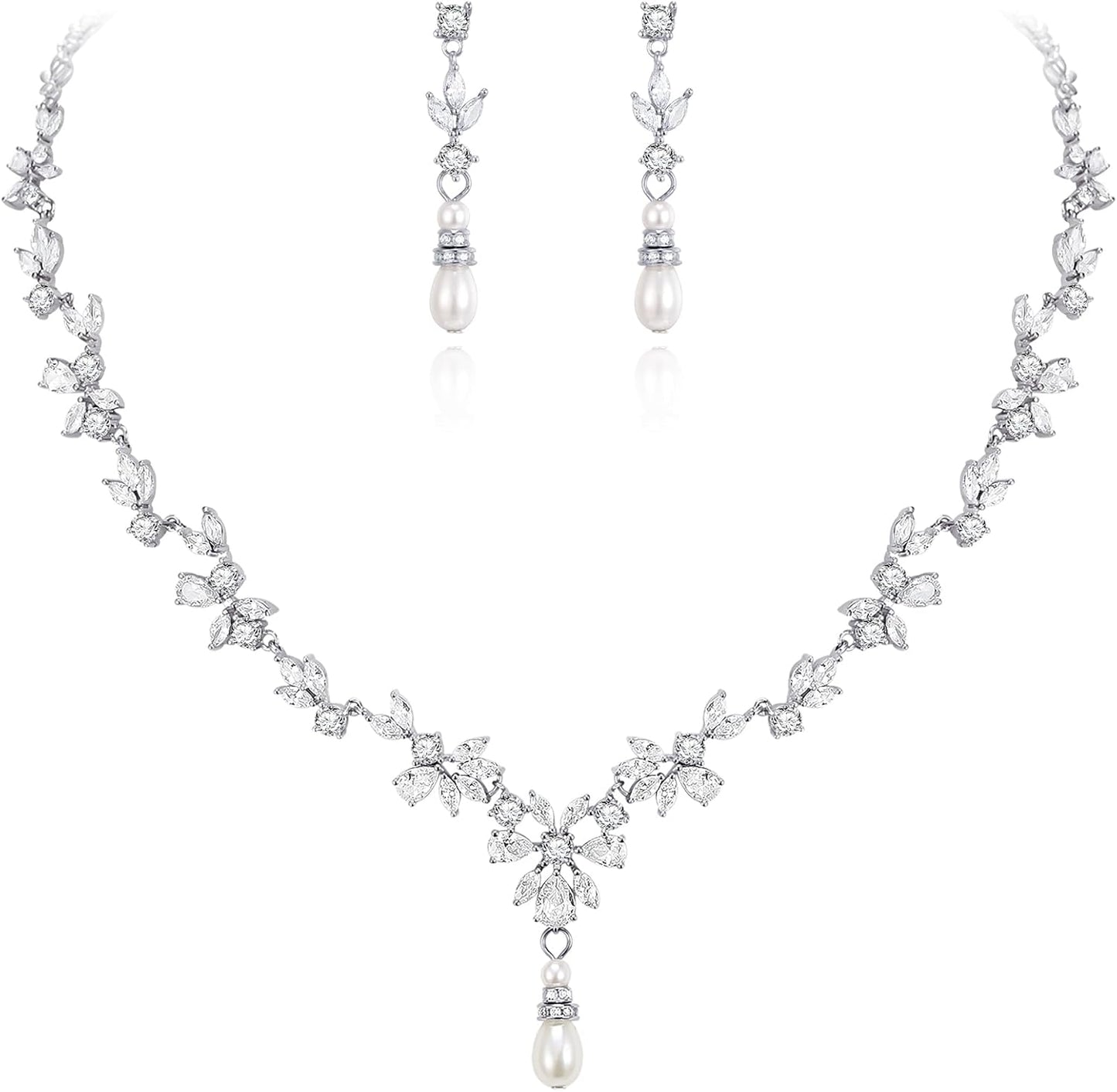 EVER FAITH Bridal Jewelry Set for Bride Bridesmaid, Flower Leaf Teardrop Cubic Zirconia Necklace Dangle Earrings Bracelet Sets Wedding Party for Women