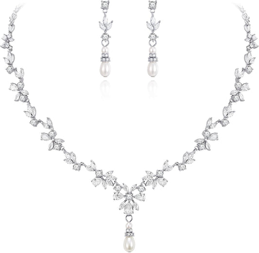 EVER FAITH Bridal Jewelry Set for Bride Bridesmaid, Flower Leaf Teardrop Cubic Zirconia Necklace Dangle Earrings Bracelet Sets Wedding Party for Women