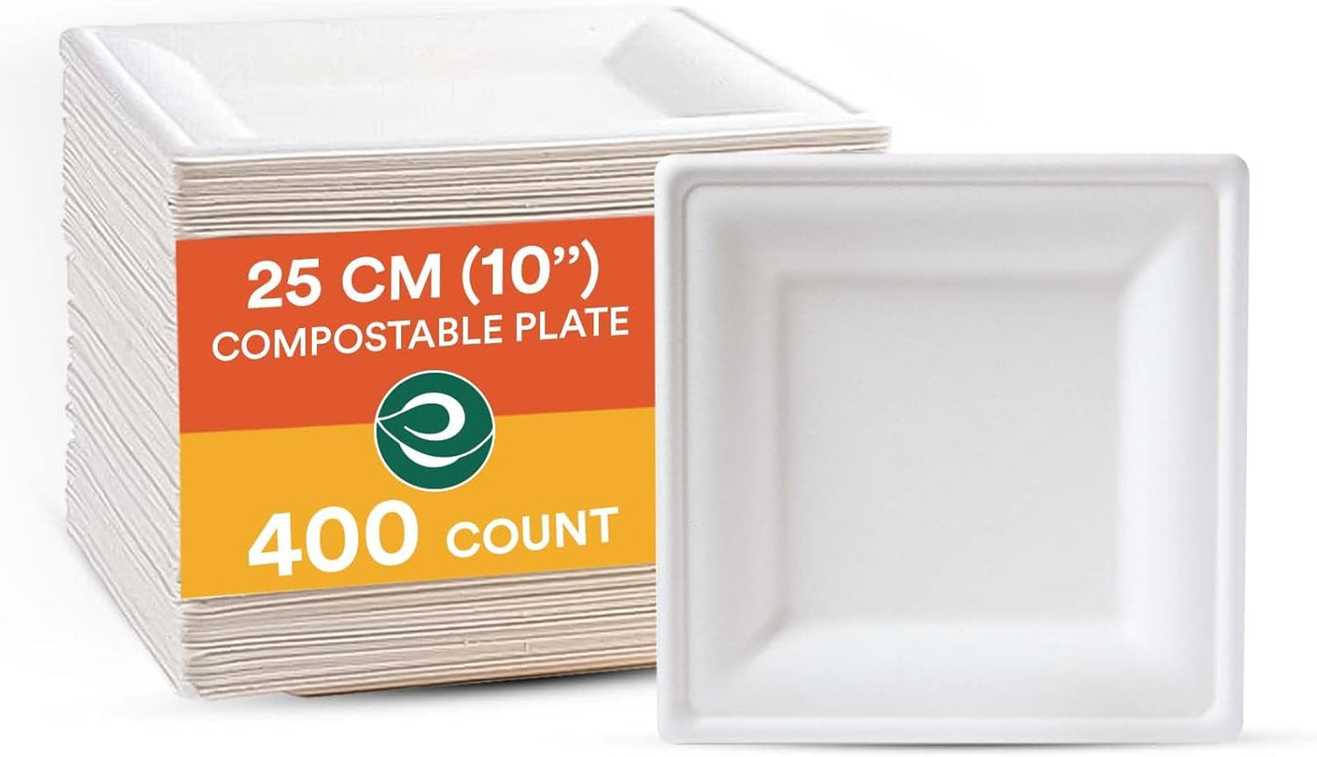 ECO SOUL Compostable Paper Plates 10 Inch (400 Count) Heavy Duty Disposable Dessert Plates, Eco-Friendly Sugarcane Bagasse Small Plates For Appetizer- White