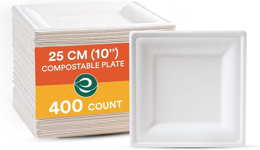 ECO SOUL Compostable Paper Plates 10 Inch (400 Count) Heavy Duty Disposable Dessert Plates, Eco-Friendly Sugarcane Bagasse Small Plates For Appetizer- White