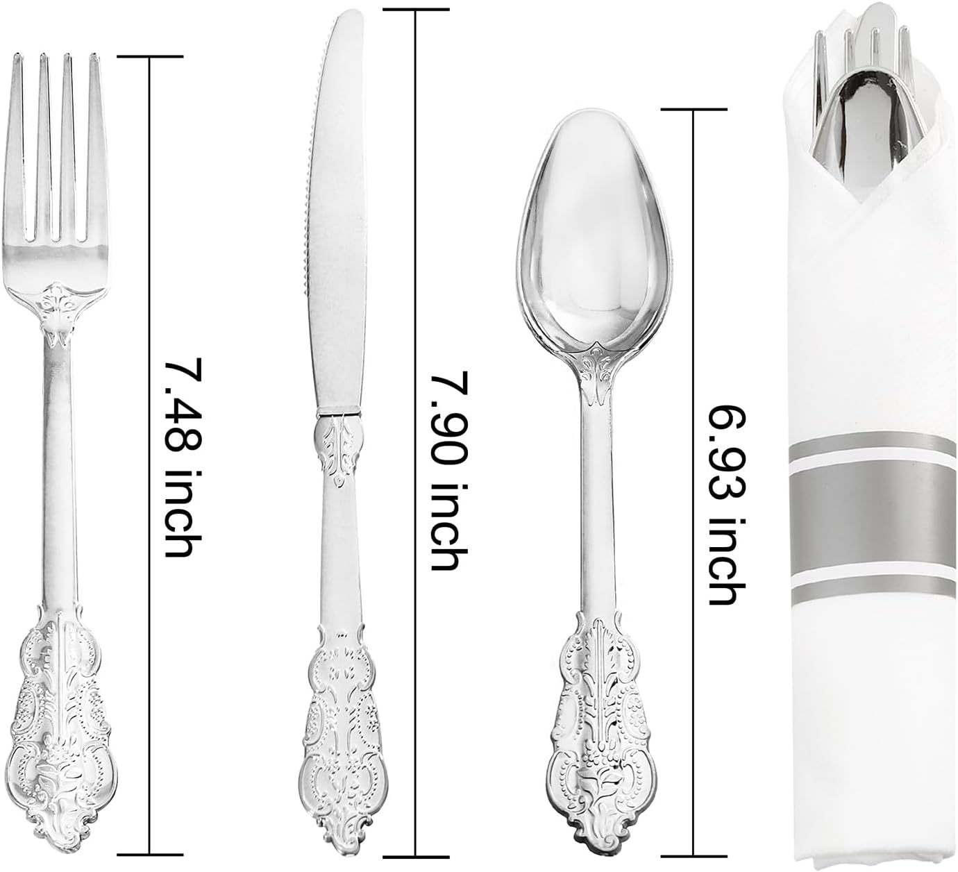 Liacere 400PCS Silver Plastic Silverware - Pre Rolled Napkins Disposable Silver Cutlery-Premium Quality Gold Plastic Utensils - Includes 100Forks,100Knives,100Spoons,100Napkins&Christmas