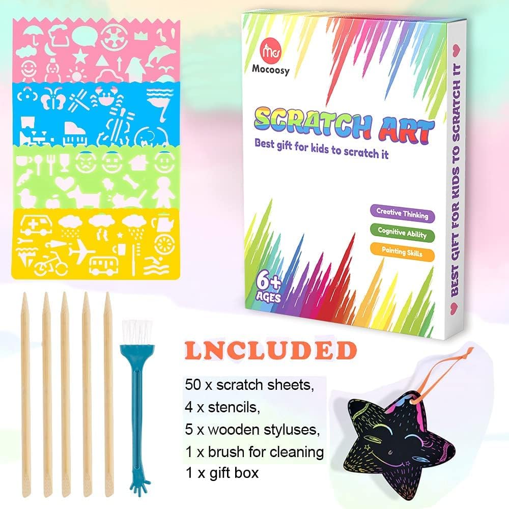 Mocoosy 60 PCS Rainbow Scratch Art Paper for Kids, Magic Scratch Paper Set Art Craft Supplies, Black Scratch Sheets Party Game Activities Christmas Birthday Gifts Girls Boys 3 4 5 6 7 8 9 10 Years Old