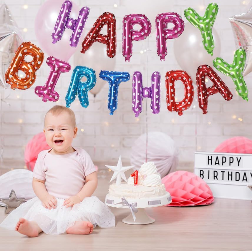 KALOR Multicolor Happy Birthday Balloons Banner, 16 Inch Mylar Foil Letters Balloon Sign for Women, Men, Boys & Girls Kids Birthday Decorations Photo Backdrop